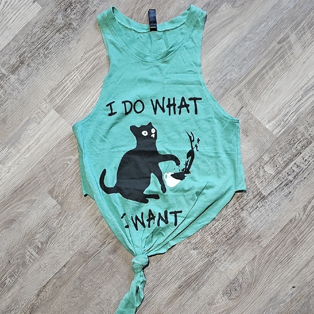 EUC Green-Aqua Cat Graphic High-Lo Tank Top
